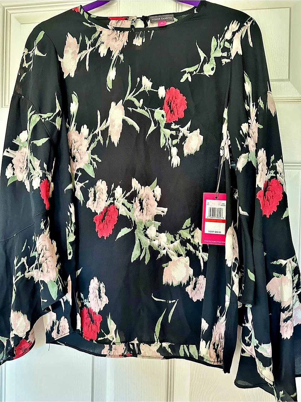 Vince Camuto Floral Print Bubble Sleeve Blouse Black & Pink XS